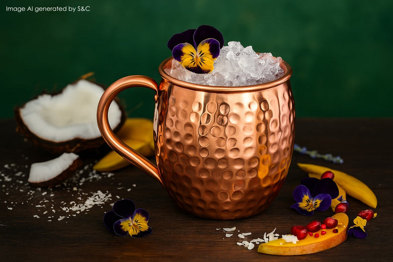 Ein mit Eis gefüllter Kupferbecher, dekoriert mit Mangospalte, Ananasblatt, Limettenscheiben, Minze und Orangenzesten.