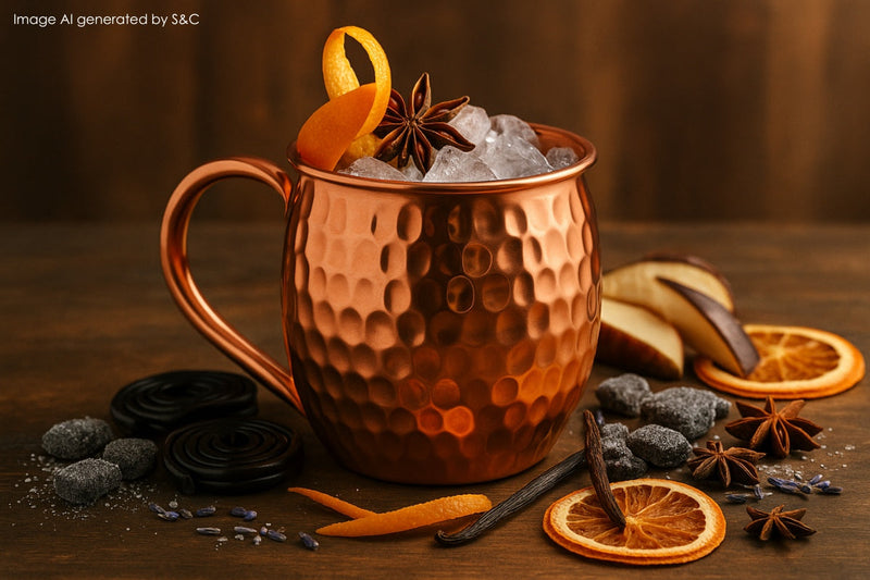 Ein mit Eis gefüllter Kupferbecher, dekoriert mit Lakritzstange, Orangenzeste, Minze und getrockneter Orangenscheibe. 