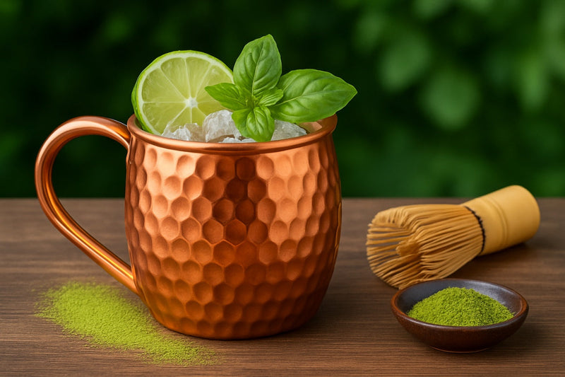 Erfrischender Matcha Cocktail mit Zitrusfrüchten, serviert in einem handgefertigten Kupferbecher – stilvoll, kühl und voller Geschmack