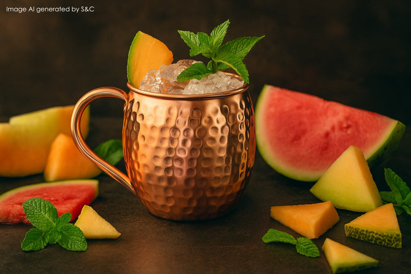 Kupferbecher mit Eis, dekoriert mit Honigmelone, Wassermelone, Cantaloupe und frischer Minze – arrangiert in einer lebendigen Cocktail-Szene mit Melonenstücken auf der rechten Seite und warmem, natürlichem Hintergrund.