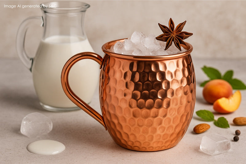 Cremiger Milch Cocktail mit Eiswürfeln und Garnitur, stilvoll serviert in einem glänzenden Kupferbecher auf einem rustikalen Holztisch – ideal für entspannte Genussmomente.