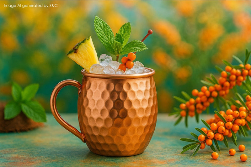 Erfrischender Sanddorn-Cocktail mit Eiswürfeln, Limetten und Beeren – stilvoll serviert in einem glänzenden Kupferbecher vor sommerlicher Kulisse.