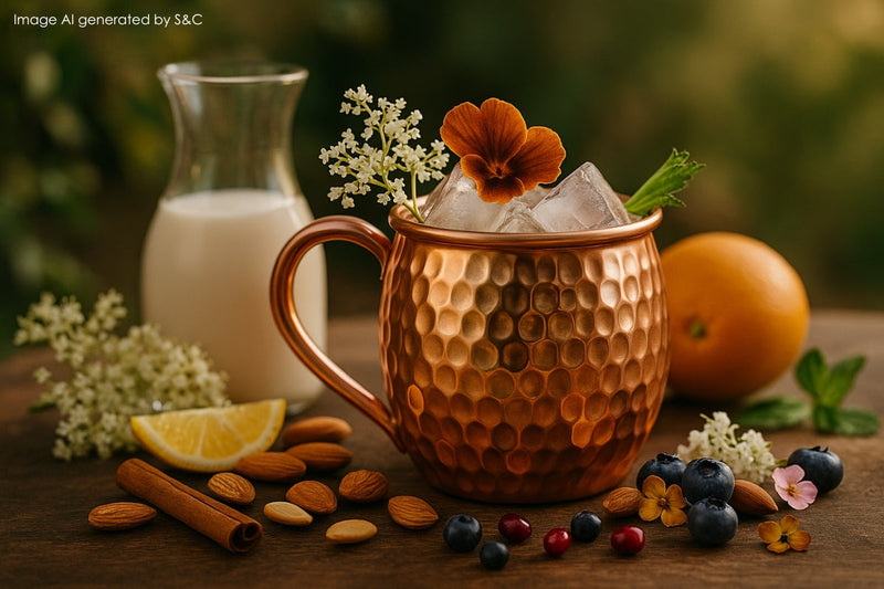 Fruchtige Erdbeer-Margarita mit frischen Limetten, Eiswürfeln und Minzblatt, serviert in einem stilvollen Kupferbecher – perfekt für vegane Sommerabende.