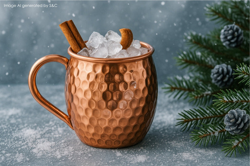 Ein erfrischender Kaffee Cocktail, serviert in einem stilvollen Kupferbecher, verziert mit einer Rosmarin – das perfekte Cocktail-Accessoire für einen eleganten Genussmoment.