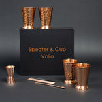 Valia Copper Cup Set - 4x cocktail cups (hammered, Roman-embossed style, 300 ml) + 6-piece accessory set
