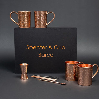 Kupferbecher - Set Barca – 4x Cocktailbecher (gehämmert, 400 ml) + 6 - teiliges Zubehör - Set - Specter & Cup