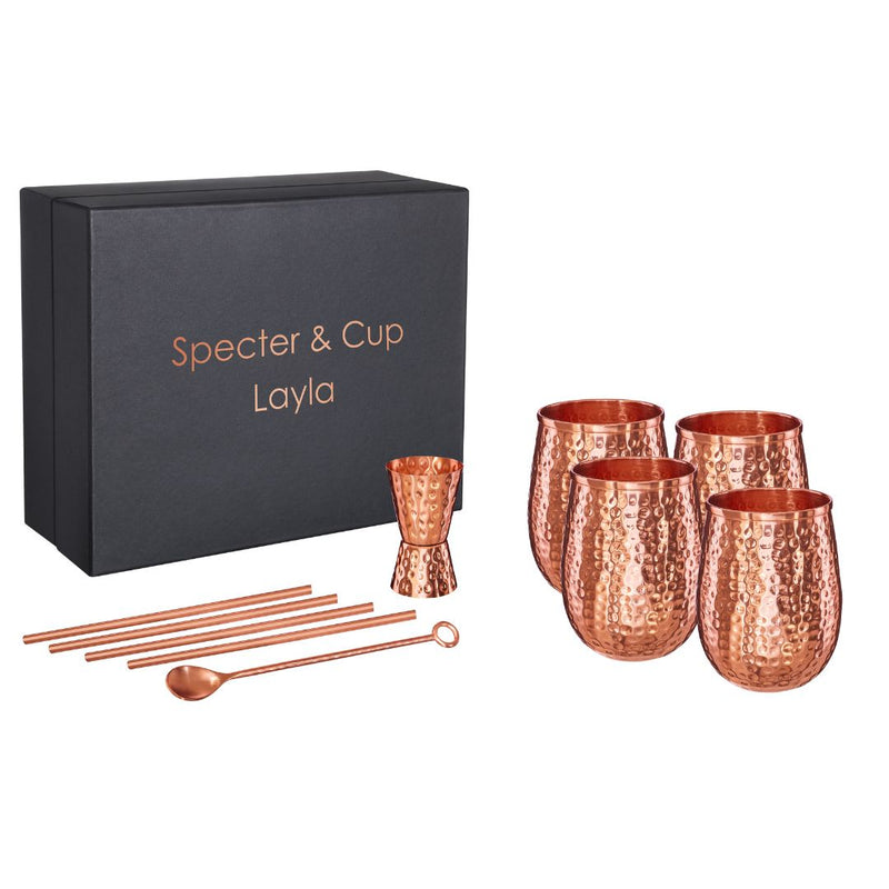 Layla Copper Cup Set - 4x cocktail cups (hammered, 470 ml) + 6-piece accessory set
